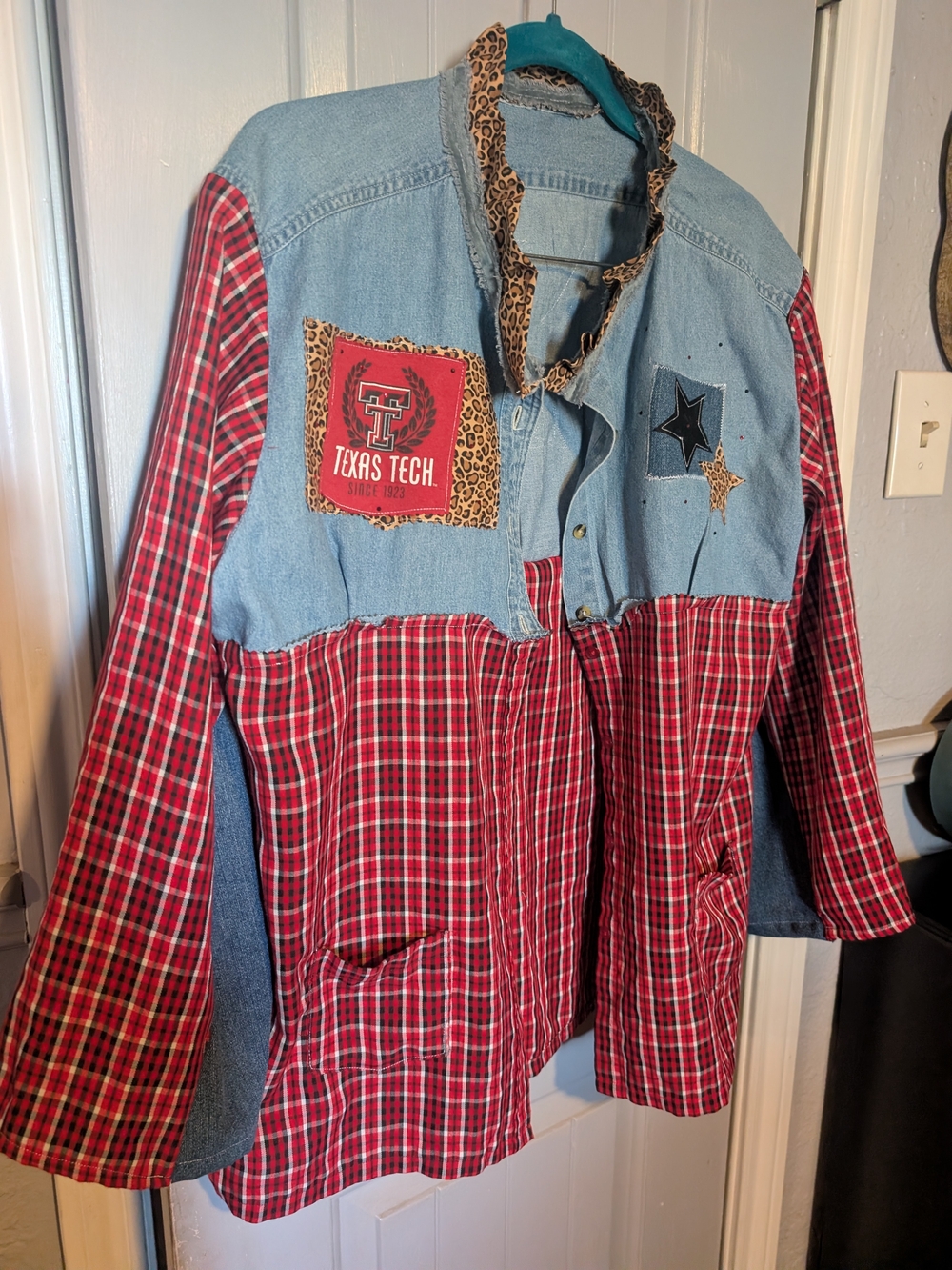 Double T Mixed-Media Red Plaid & Denim Shacket.